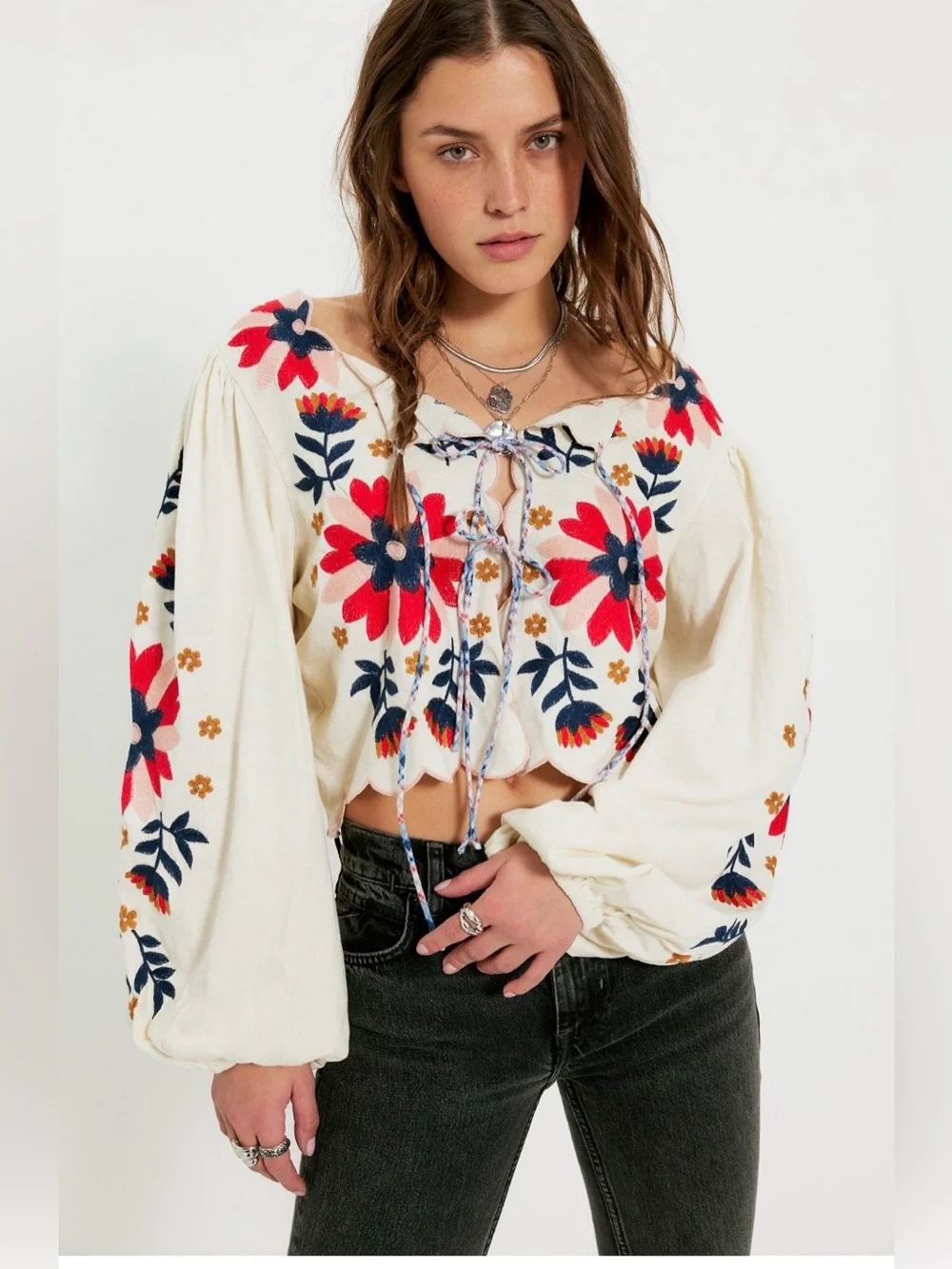 Free People Anise Embroidered Long Sleeve Blouse NWT